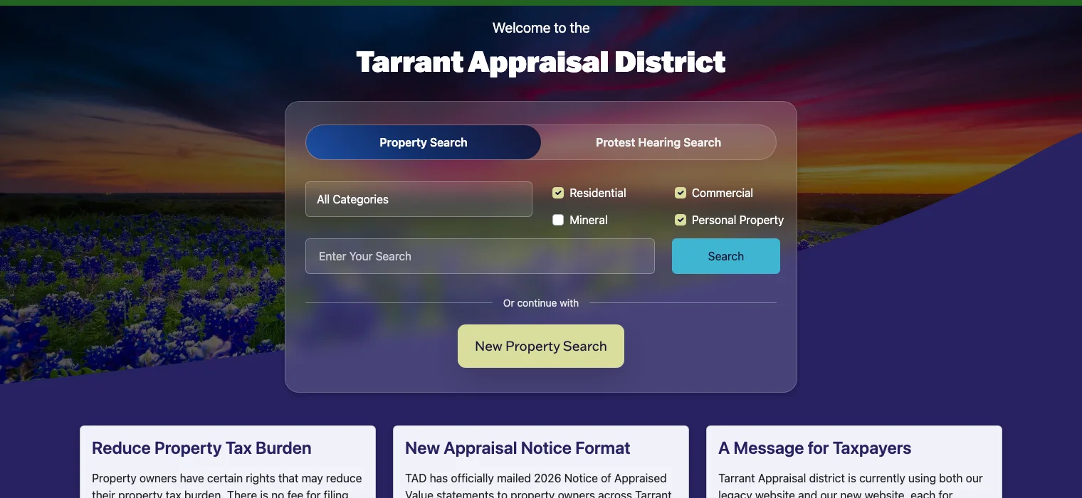 Screenshot of the Tarrant Appraisal District website with its free property search box front and center.
