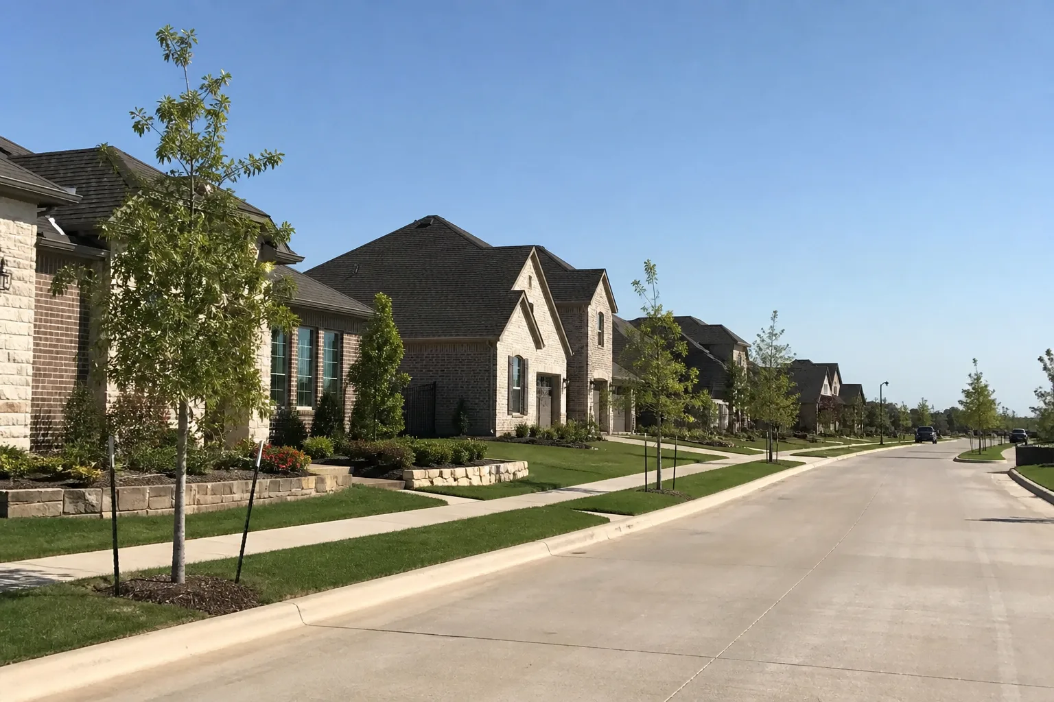 A residential street of new brick homes with young trees along the sidewalk.