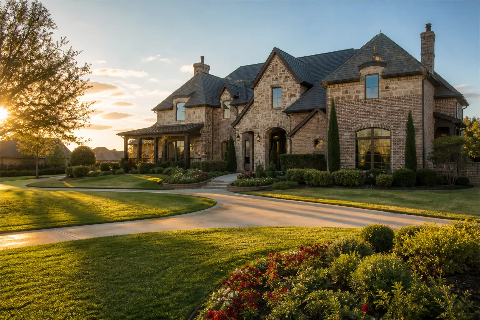 A large two-story brick home with a circular driveway and landscaped lawn at sunset.
