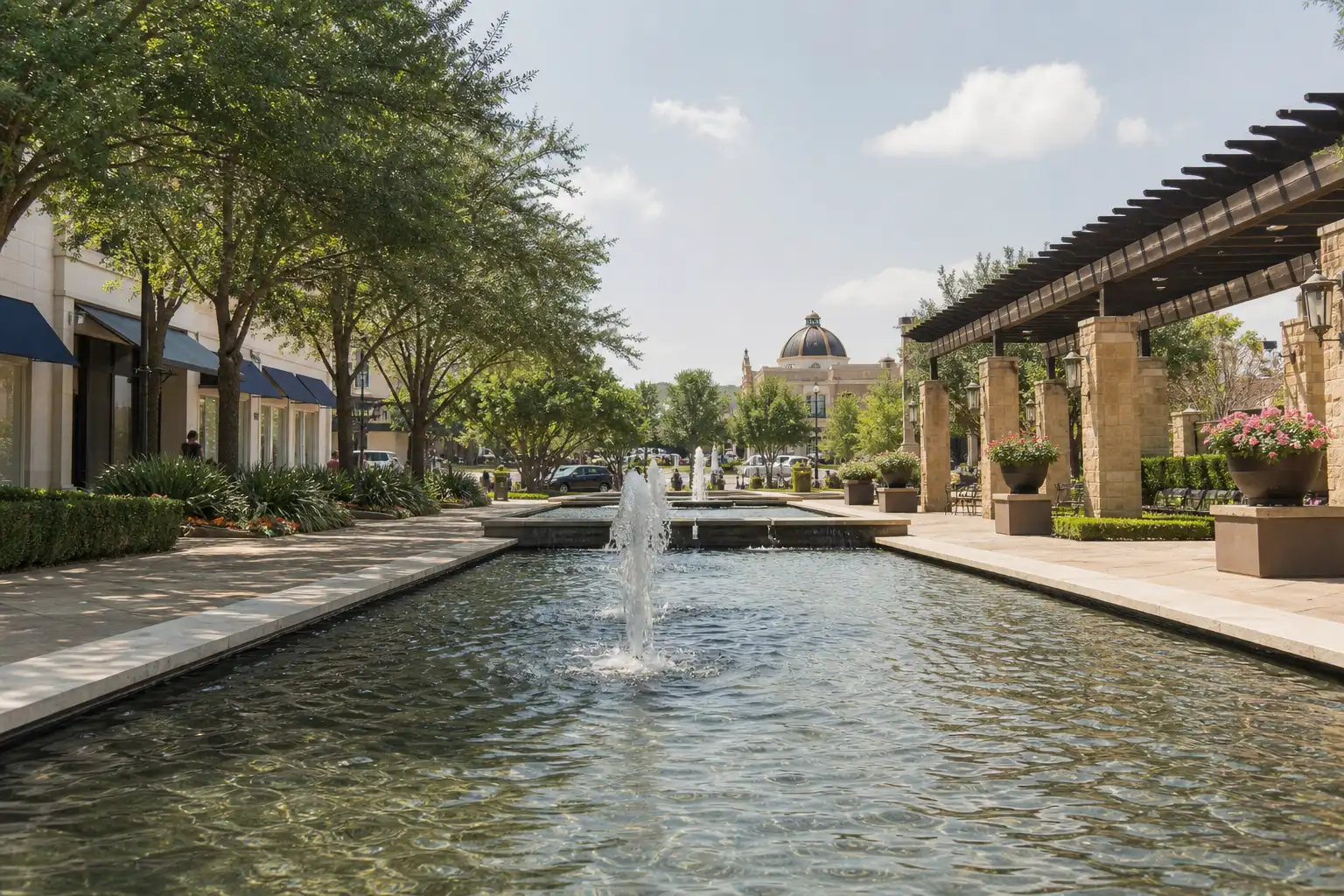 A landscaped shopping plaza with a long reflecting pool and fountain lined by shade trees.