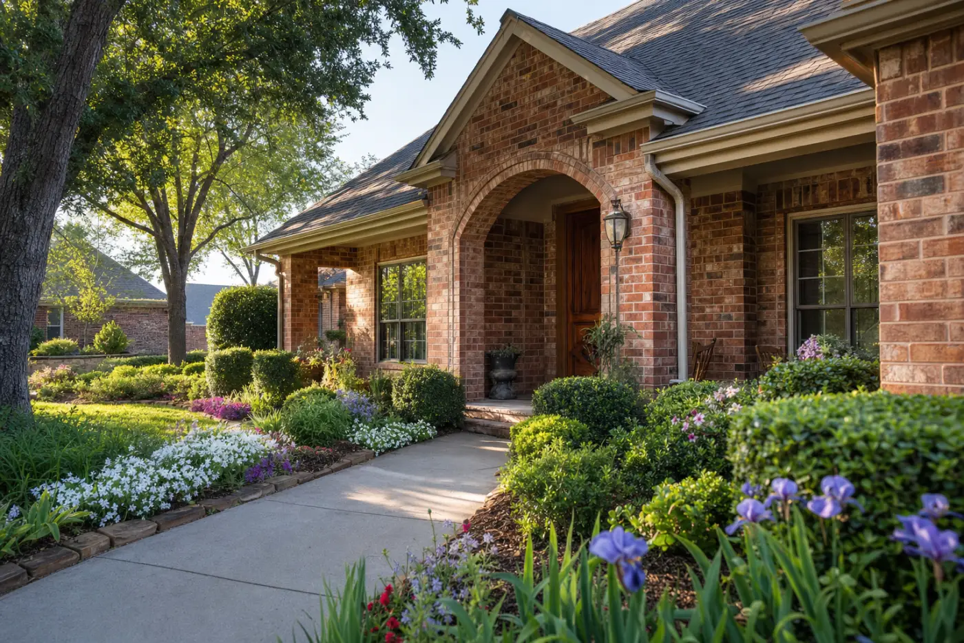 The front walkway and porch of a brick home with spring landscaping in bloom.