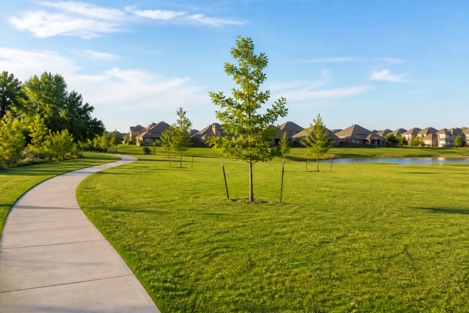 An open neighborhood park with a walking path and young trees, houses visible in the distance.