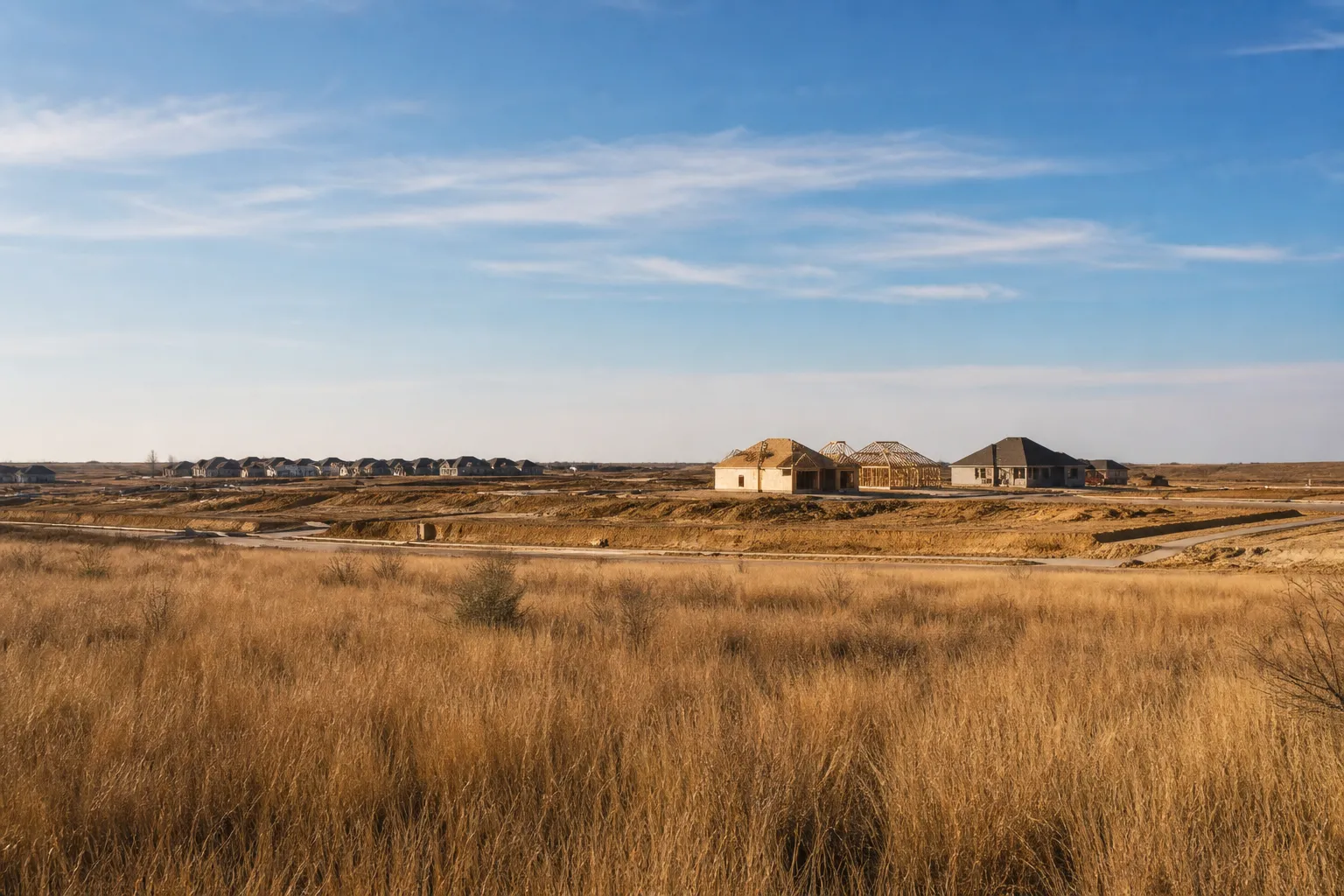 Open grassland at the edge of a subdivision, with graded lots and framed houses in the distance.