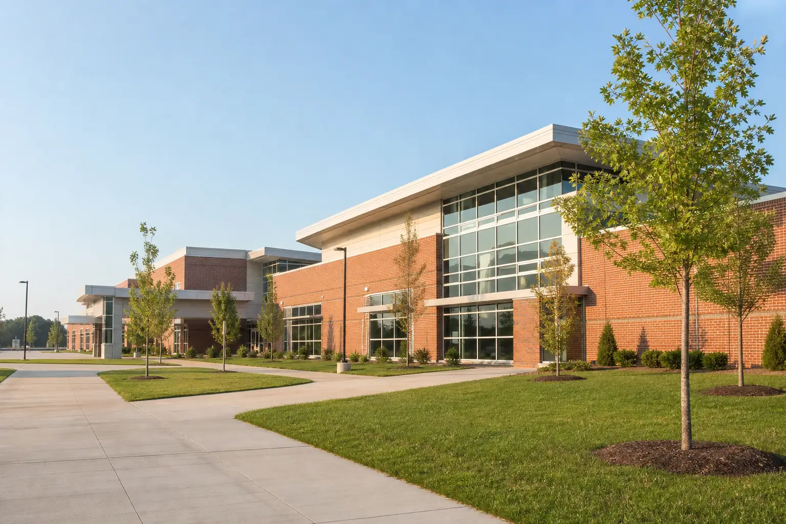 A modern public school building with a red brick and glass facade, seen from the front walkway.