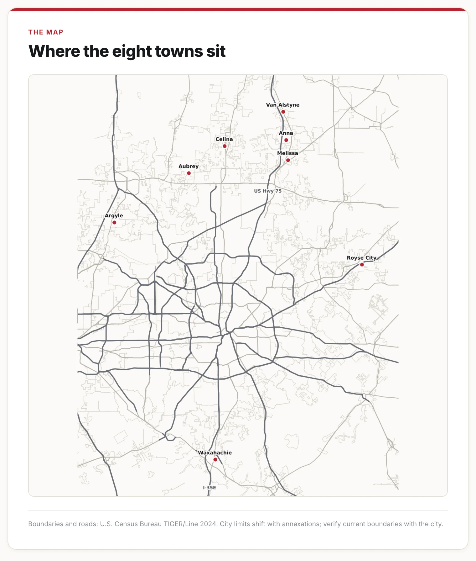 Map of eight North Texas towns pinned around the DFW metroplex.