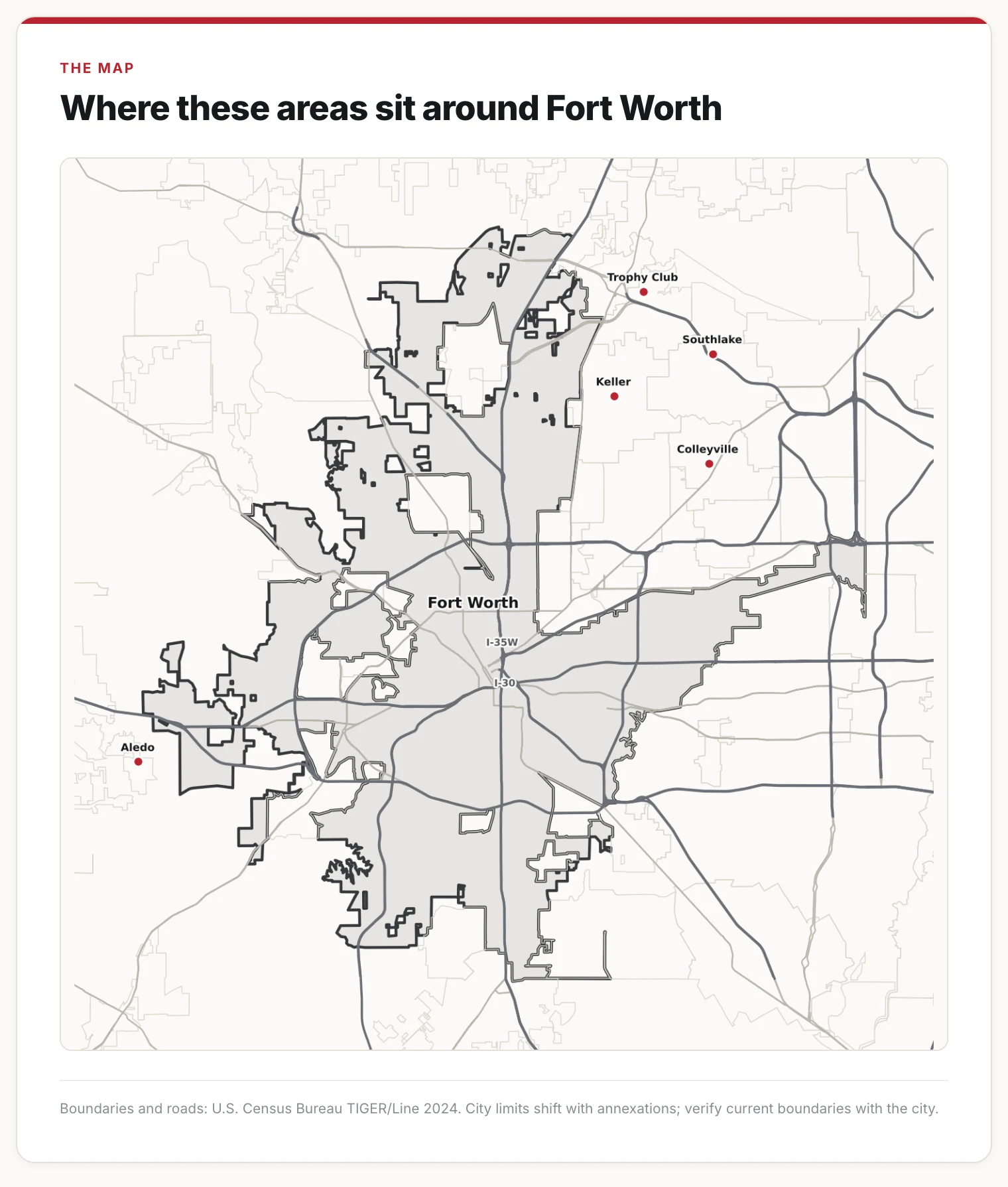 Map of Fort Worth city limits with five nearby areas pinned.