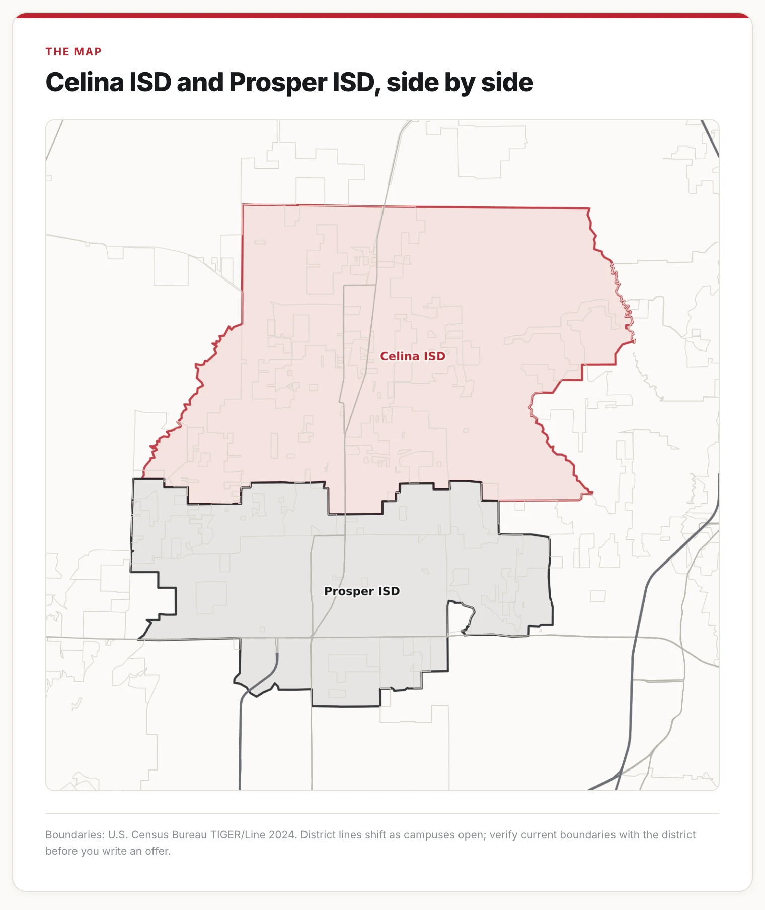 Map of Celina ISD and Prosper ISD boundaries side by side.