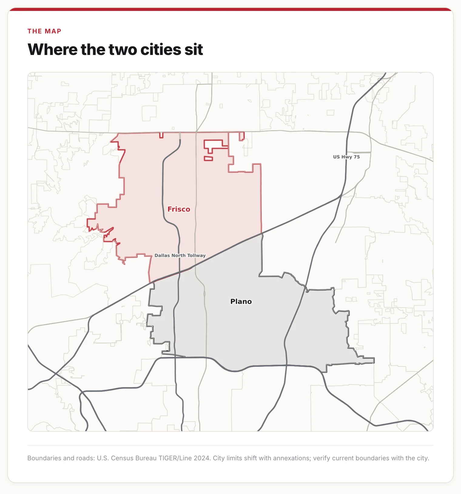 Map of Plano and Frisco city boundaries with US 75 and the Dallas North Tollway labeled.