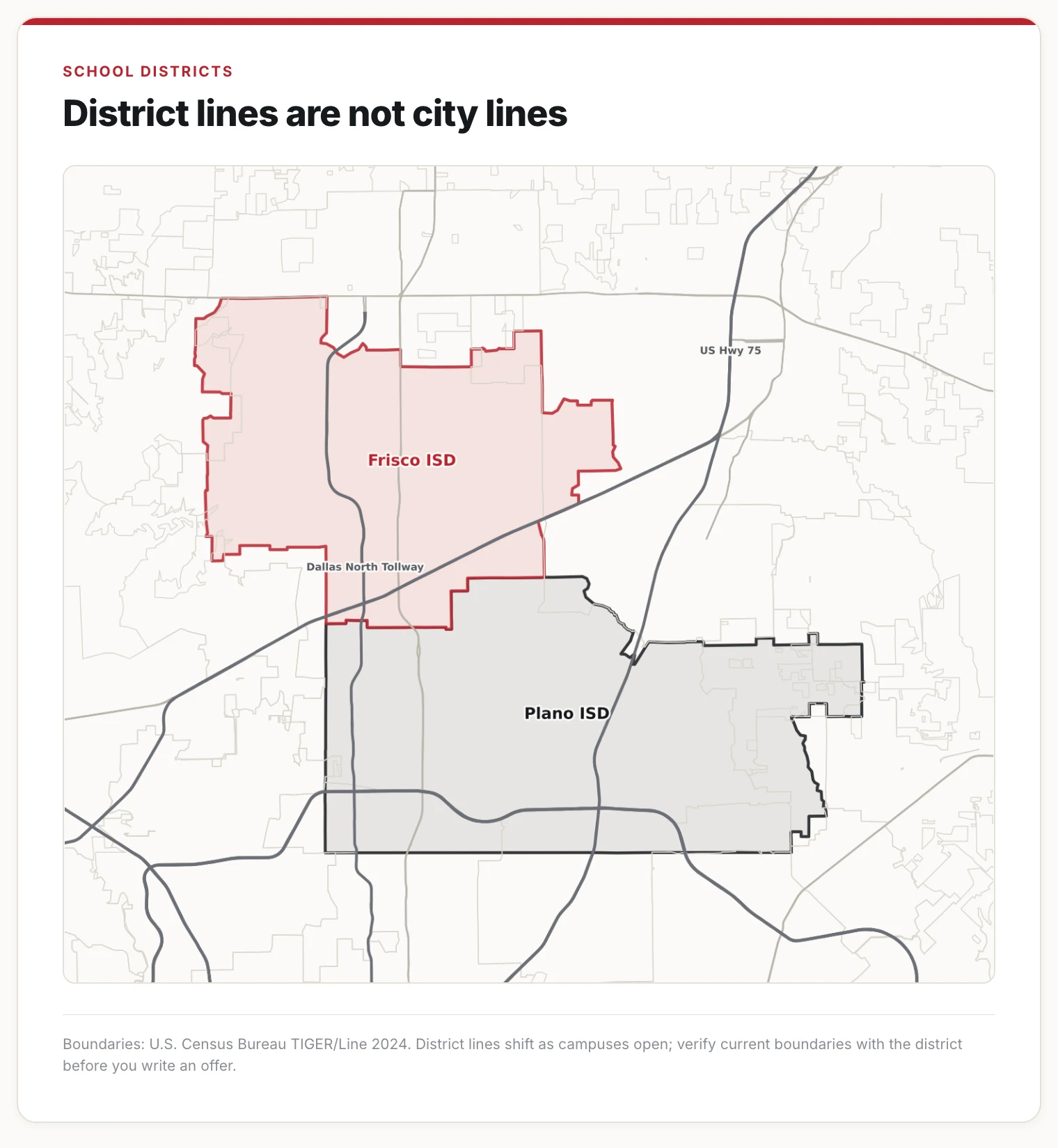 Map of Plano ISD and Frisco ISD boundaries, which do not match the city limits.