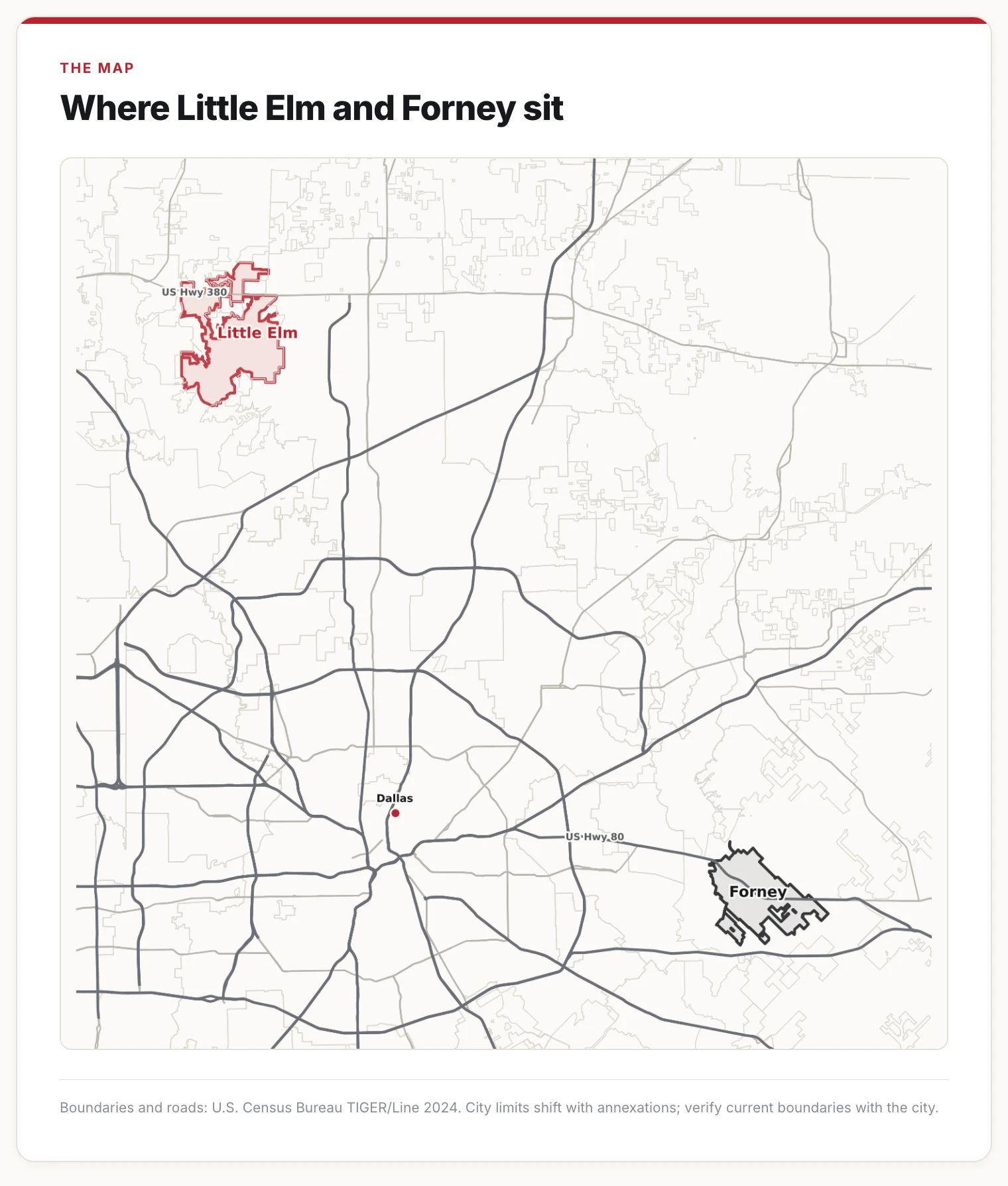 Map showing Little Elm northwest of Dallas and Forney east of Dallas.