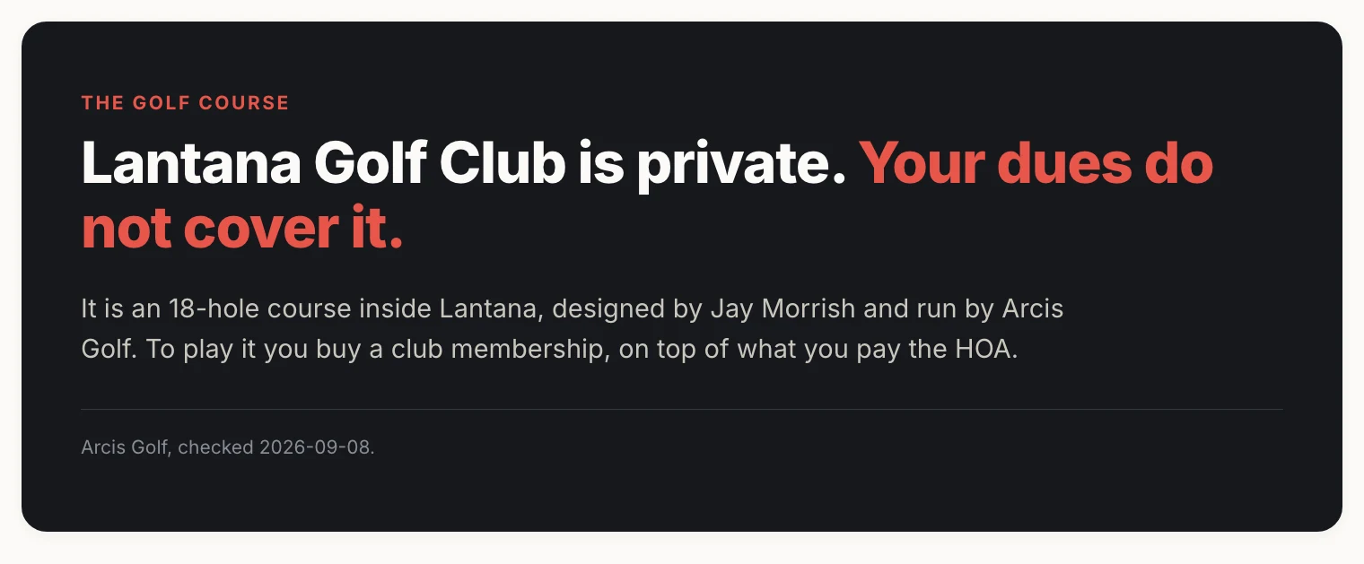 Card: Lantana Golf Club is private and HOA dues do not cover it.