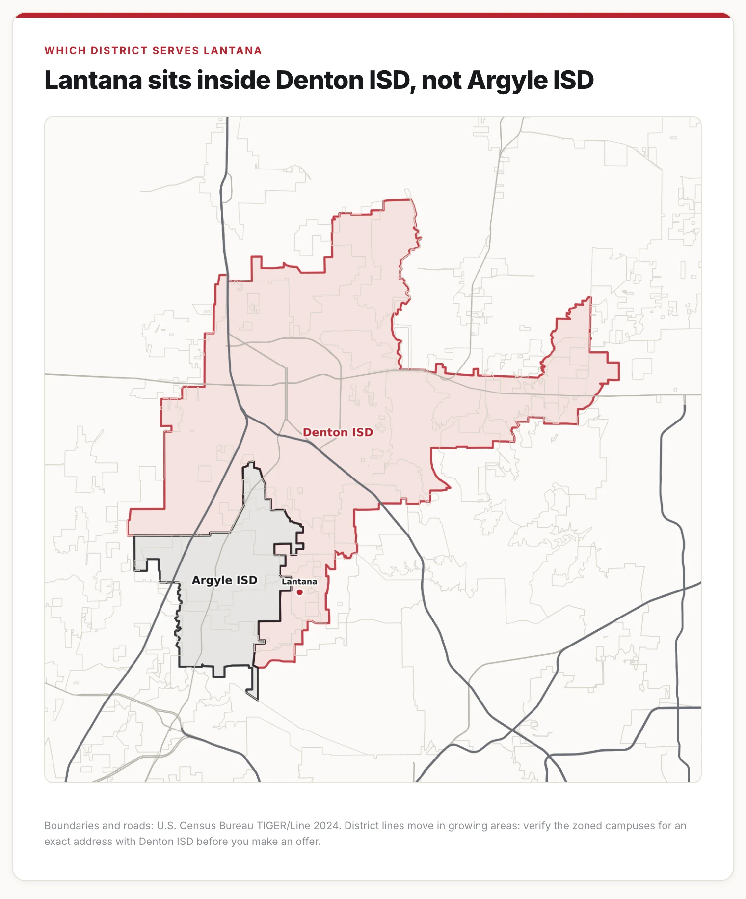 Map showing Lantana inside the Denton ISD boundary with Argyle ISD beside it.