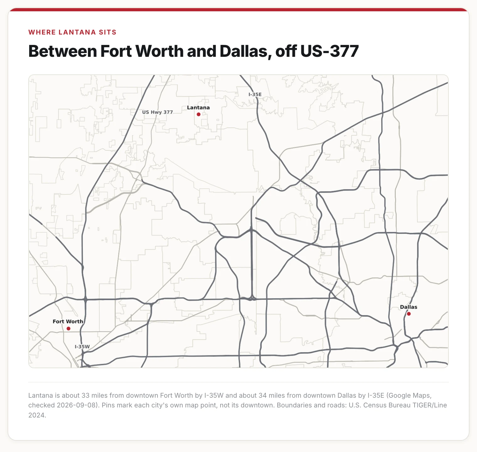 Map showing Lantana between Fort Worth and Dallas with I-35W, I-35E and US-377.