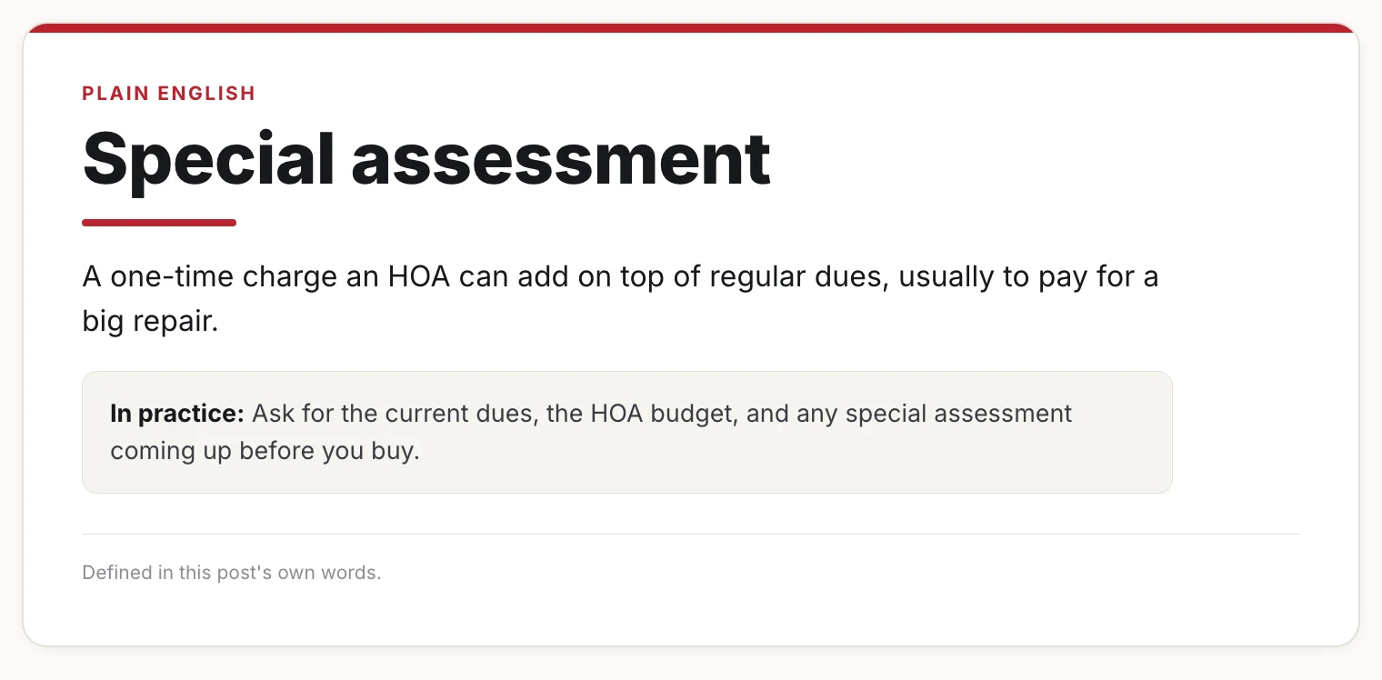 Card defining a special assessment as a one-time HOA charge for a big repair.