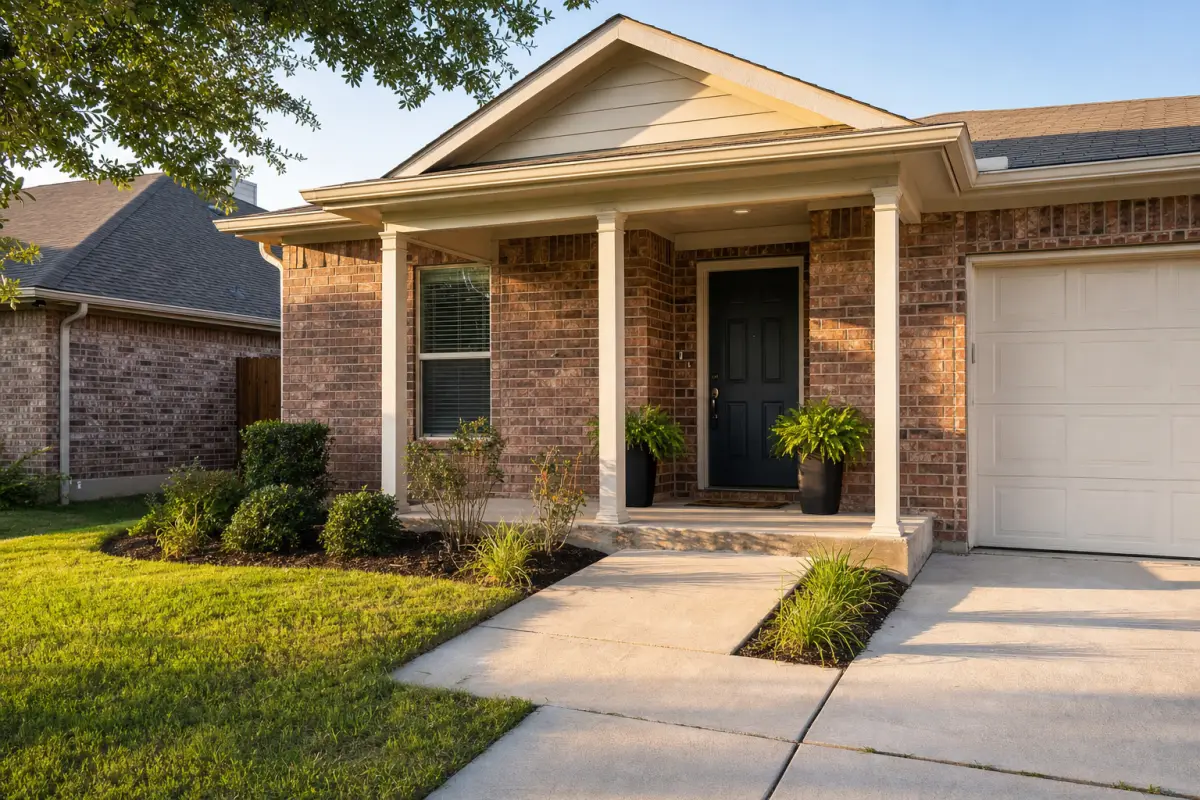 The covered front porch and walkway of a modest single story brick home in late afternoon light.