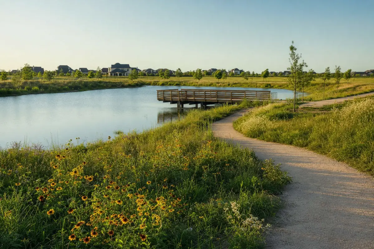 A wooden fishing pier over a neighborhood lake with a walking trail along the shoreline.
