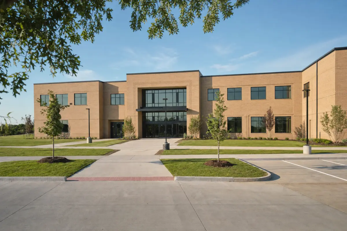 A newly built two-story brick school building with young trees along the front walk.