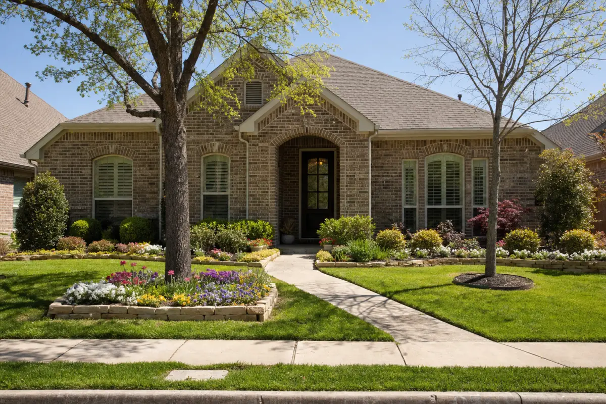 A single-story house with green grass and blooming flower beds in spring.