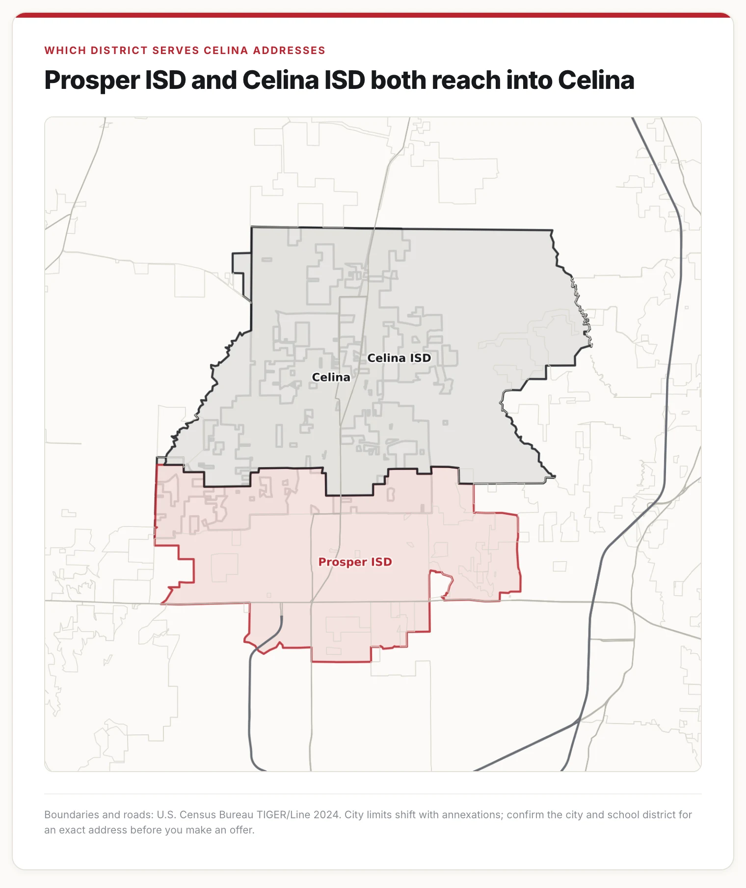 Map of the Prosper ISD and Celina ISD boundaries with the Celina city limits, showing both districts reach into the city.