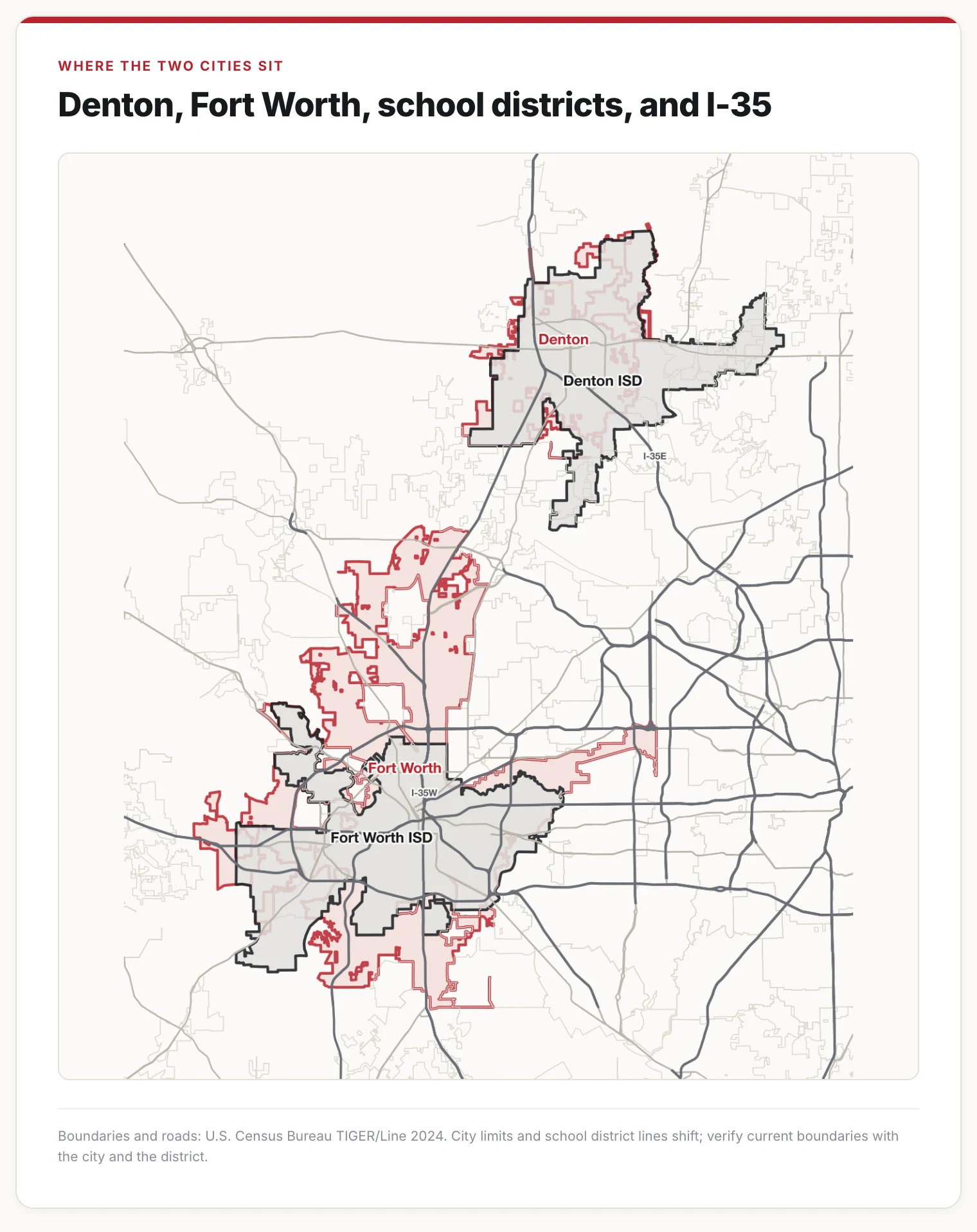 Map of Denton and Fort Worth city limits with Denton ISD and Fort Worth ISD boundaries and the I-35E and I-35W highways.