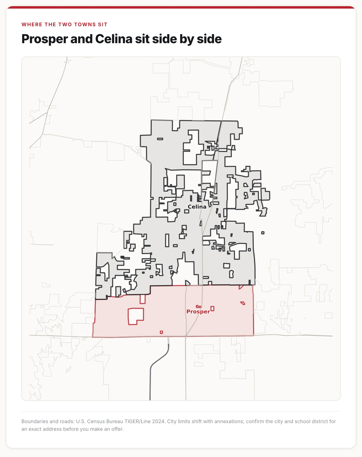 Map of the Prosper and Celina town limits, with Celina directly north of Prosper.