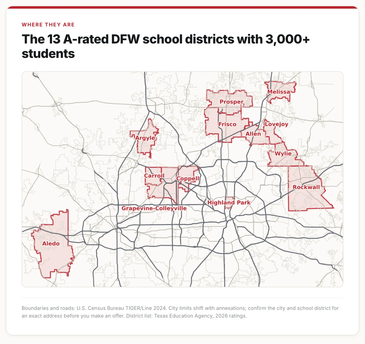 Map of the thirteen A-rated DFW school districts with at least 3,000 students, from Aledo in the west to Rockwall in the east.
