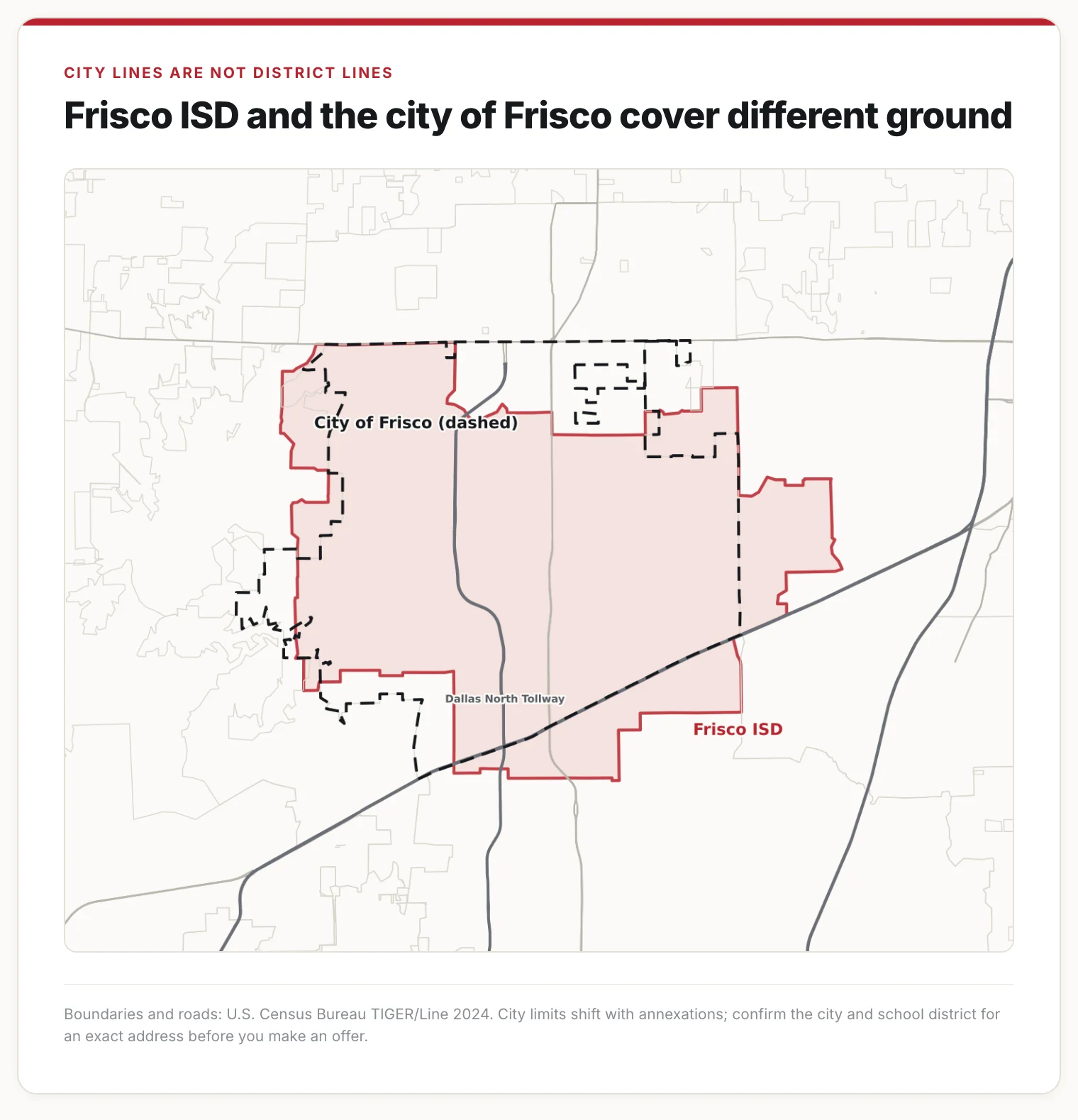Map of Frisco ISD and the city of Frisco, showing parts of each that fall outside the other.