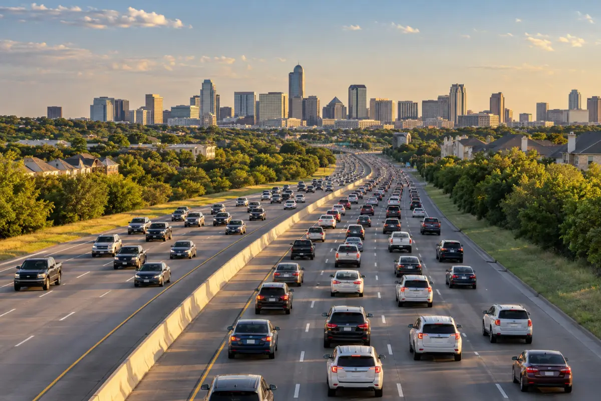 A multi-lane highway full of slow traffic in late afternoon with a distant city skyline on the horizon.