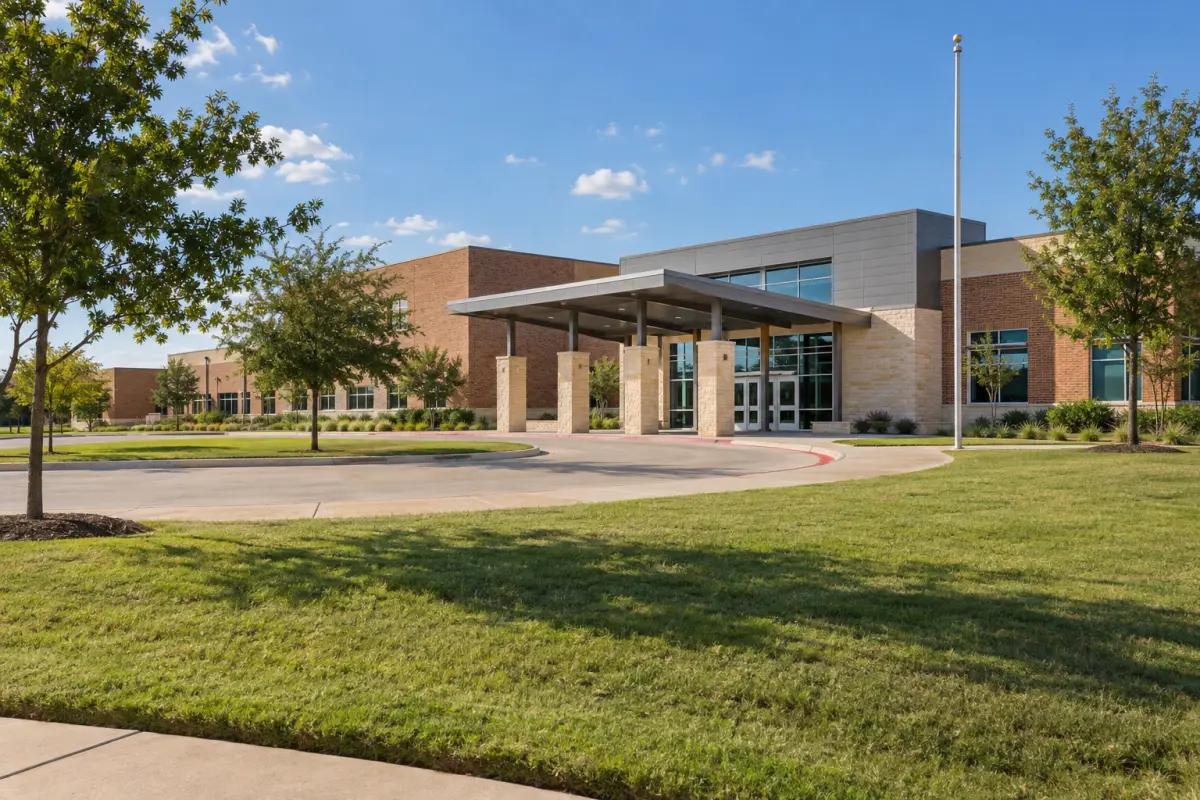 A modern suburban public school building seen from across its front lawn on a clear day.